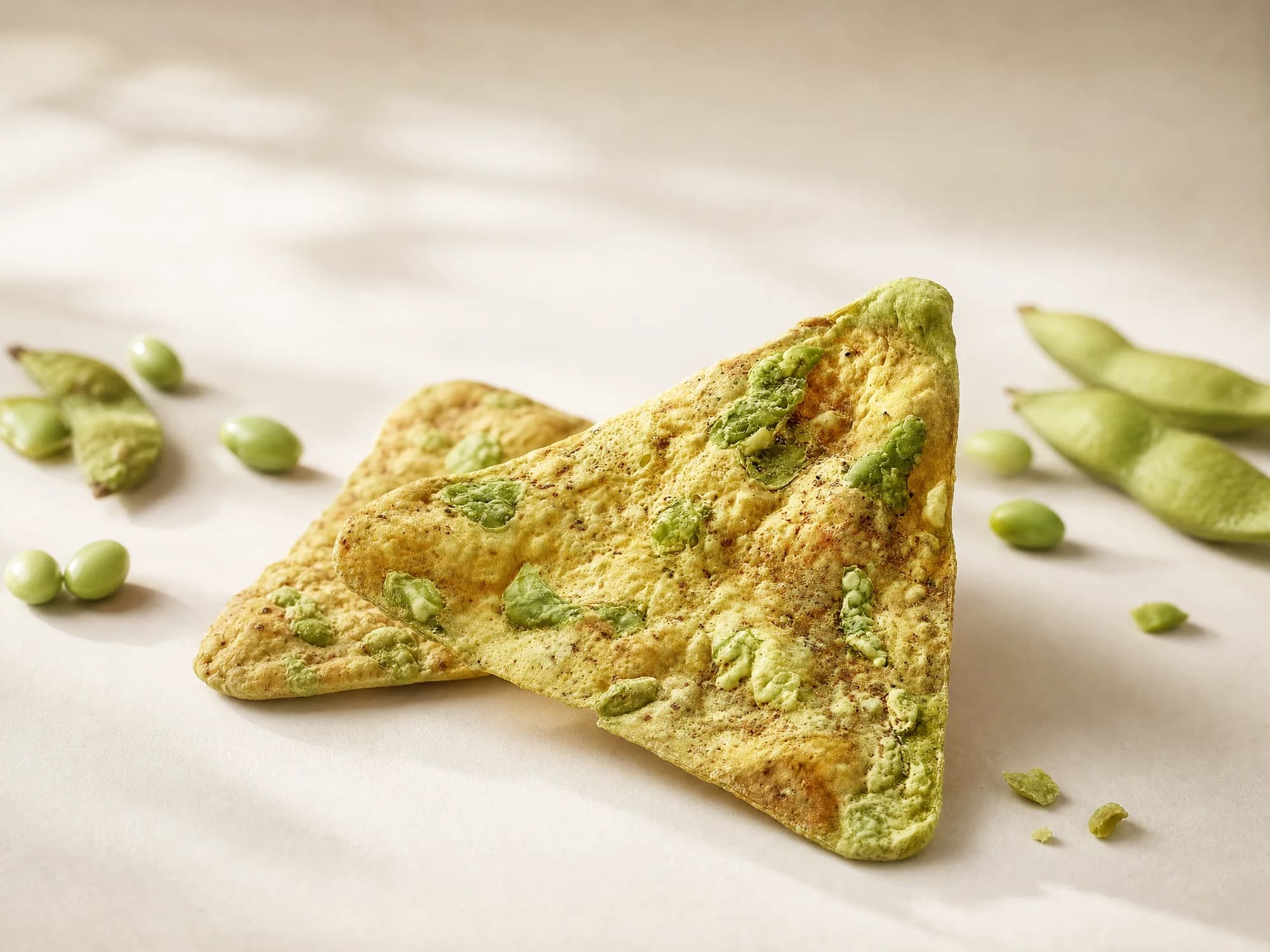 Triangular edamame crisps with edamame beans and pods