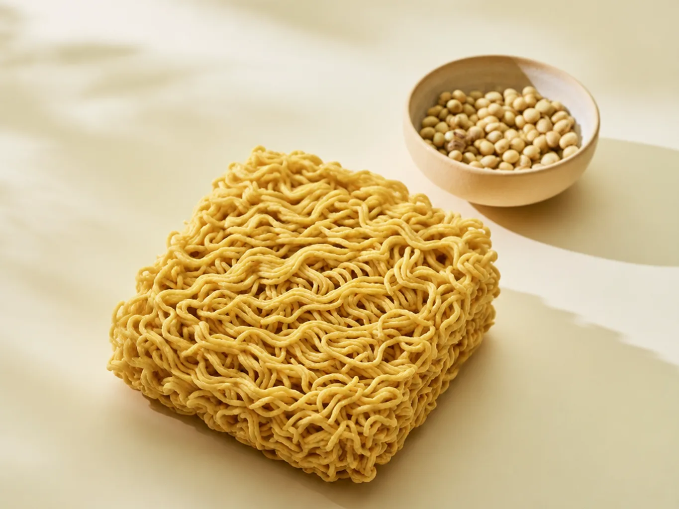 Instant noodle cakes on the forming line